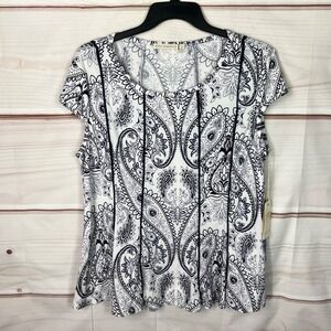 Maria Gabrielle Top Womens 3X Blue Paisley Knit Blouse A-Line Cap Sleeve Stretch